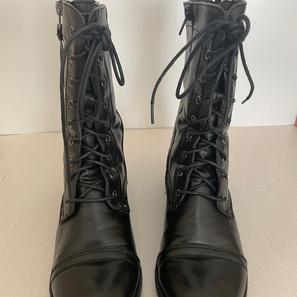 CATHY JEAN Combat Boots Mid Calf Black Side Zippers Functional Laces